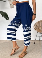 Tribal Print Dark Blue Straight Leg Elastic Waist Pants