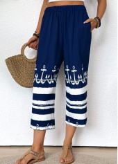 Tribal Print Dark Blue Straight Leg Elastic Waist Pants