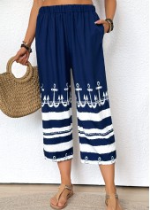Tribal Print Dark Blue Straight Leg Elastic Waist Pants