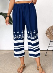 Tribal Print Dark Blue Straight Leg Elastic Waist Pants