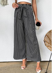 Striped Dark Grey Wide Leg Elastic Waist Pants