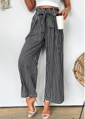 Striped Dark Grey Wide Leg Elastic Waist Pants