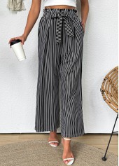 Striped Dark Grey Wide Leg Elastic Waist Pants