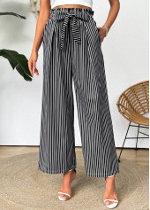 Striped Dark Grey Wide Leg Elastic Waist Pants