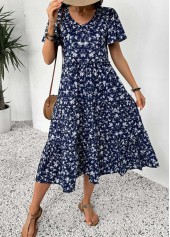 Ditsy Floral Print Navy Short Sleeve V Neck Dress