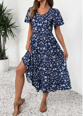 Ditsy Floral Print Navy Short Sleeve V Neck Dress