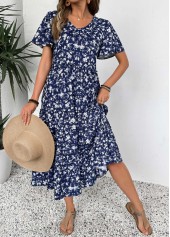 Ditsy Floral Print Navy Short Sleeve V Neck Dress