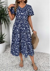 Ditsy Floral Print Navy Short Sleeve V Neck Dress