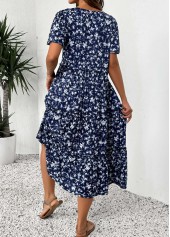 Ditsy Floral Print Navy Short Sleeve V Neck Dress