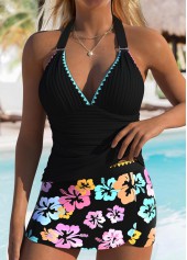 Mid Waisted Floral Print Black Tankini Set