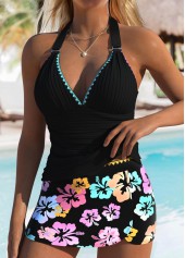 Mid Waisted Floral Print Black Tankini Set