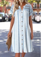 Striped Dusty Blue Short Sleeve Split Neck Dress