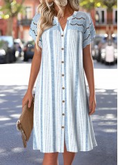 Striped Dusty Blue Short Sleeve Split Neck Dress