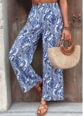 Tribal Print Dark Blue Wide Leg Elastic Waist Pants