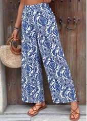 Tribal Print Dark Blue Wide Leg Elastic Waist Pants