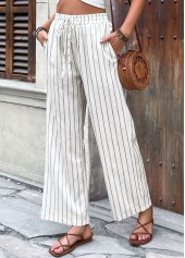Striped Beige Wide Leg Elastic Waist High Waisted Pants
