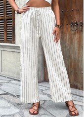 Striped Beige Wide Leg Elastic Waist High Waisted Pants