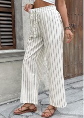 Striped Beige Wide Leg Elastic Waist High Waisted Pants