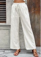Striped Beige Wide Leg Elastic Waist High Waisted Pants