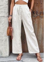 Striped Beige Wide Leg Elastic Waist High Waisted Pants