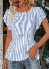 Striped Dusty Blue Short Sleeve Round Neck Blouse