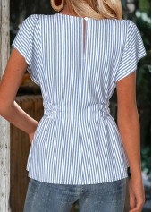 Striped Dusty Blue Short Sleeve Round Neck Blouse