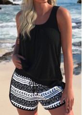 Geometric Print Bowknot Black Tankini Set