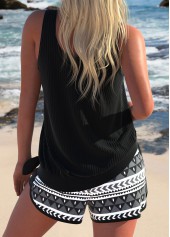 Geometric Print Bowknot Black Tankini Set