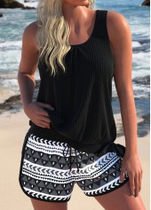Geometric Print Bowknot Black Tankini Set
