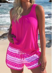 Geometric Print Bowknot Hot Pink Tankini Set