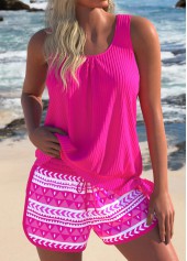 Geometric Print Bowknot Hot Pink Tankini Set