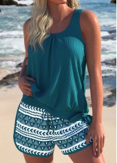 Geometric Print Bowknot Turquoise Tankini Set