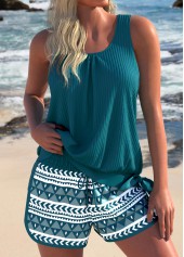 Geometric Print Bowknot Turquoise Tankini Set
