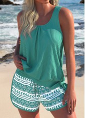 Geometric Print Bowknot Sage Green Tankini Set