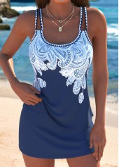 Mid Waisted Tribal Print Dark Blue Tankini Set