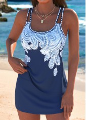 Mid Waisted Tribal Print Dark Blue Tankini Set