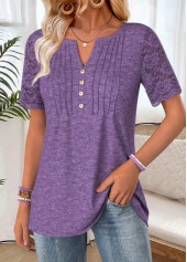 Purple Short Sleeve Split Neck T Shirt