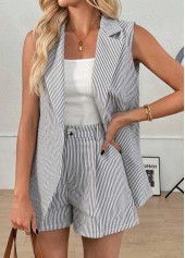 Striped Grey Sleeveless Short Sleeve Cardigan and Shorts
