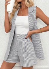 Striped Grey Sleeveless Short Sleeve Cardigan and Shorts