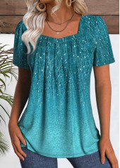 Leaf Print Peacock Blue Short Sleeve T Shirt