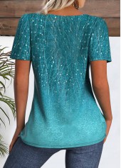 Leaf Print Peacock Blue Short Sleeve T Shirt