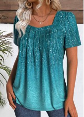 Leaf Print Peacock Blue Short Sleeve T Shirt