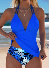 Mid Waisted Leaf Print Royal Blue Tankini Set