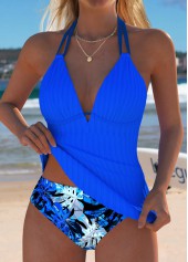 Mid Waisted Leaf Print Royal Blue Tankini Set