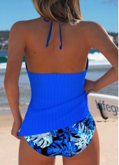 Mid Waisted Leaf Print Royal Blue Tankini Set