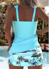 Mid Waisted Tropical Plants Print Cyan Tankini Set