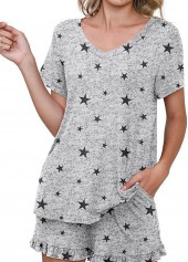 Star Print Grey Round Neck Lounge Top and Shorts