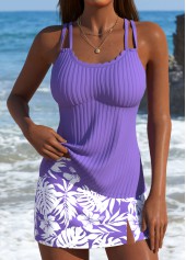 Mid Waisted Tropical Plants Print Purple Tankini Set