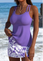 Mid Waisted Tropical Plants Print Purple Tankini Set