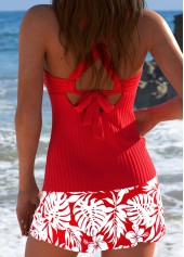 Mid Waisted Tropical Plants Print Red Tankini Set